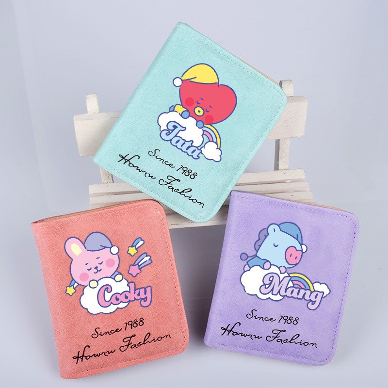 Ví da gập ngắn in hình hoạt hình BTS CHIBI Tata Mang Chimmy RJ Koya Cooky Shooky Van ví cầm tay nam nữ xinh xắn
