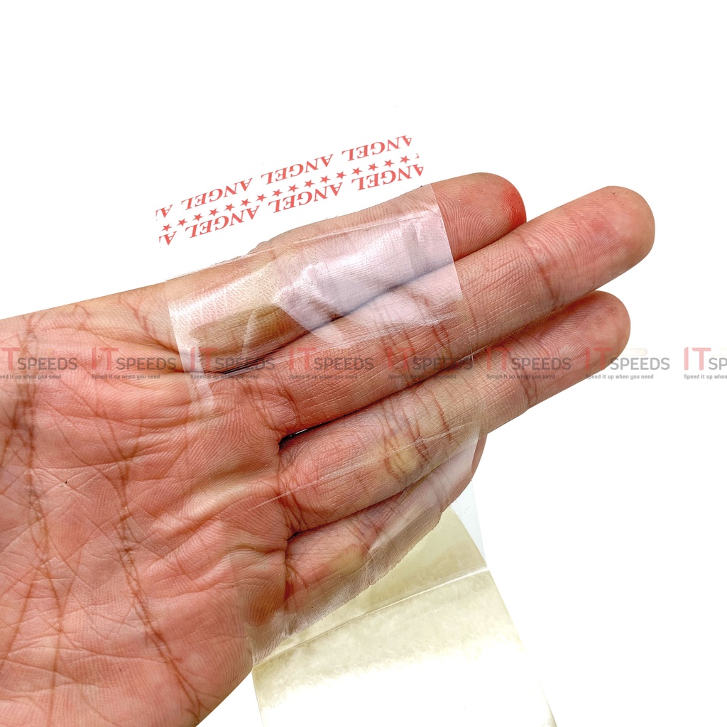 1 Cuộn Băng Keo Trong, Đục Dán Thùng Angel 4F8, 100 Yard, 200 Yard, Độ Dính 43 Mic, 6 Cuộn Nặng 1.2Kg, Đủ Yard, Đủ Mic