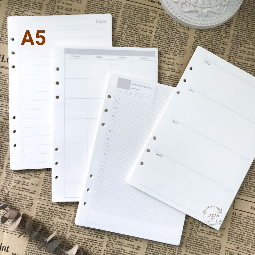 Giấy refill ruột sổ còng, planner các mẫu kế hoạch tuần, tháng, ghi chú và to do list khổ A6/A5 bullet journal