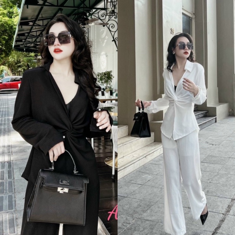 Set Đồ Nữ Áo Sơ Mi Xoắn Eo Dáng Dài Chất Đũi Phối Quần Dài Ống Rộng Cùng Tone alohashop91