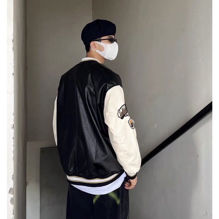 Áo Khoác Da Varsity Jacket Unisex From Rộng 2 Lớp Hình Thêu 100%