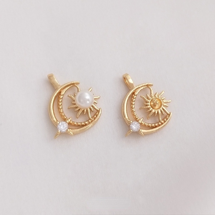 Vòng cổ Đồng 14K Mặt Hình Trăng Sao Mặt Trời Đính Ngọc Trai Làm Đồ Thủ Công DIY