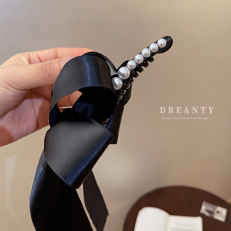 Kẹp Tóc Nơ Ruy Băng Đính Ngọc Trai Thiết Kế Đơn Giản Độc Đáo Phong Cách Hàn Quốc