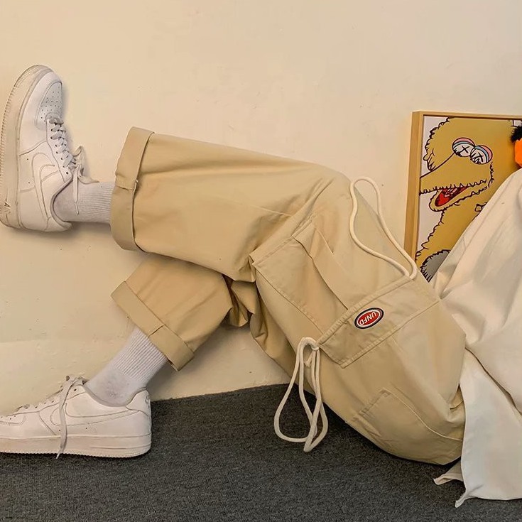 ♞AFF LIGA♞ Quần Dài Túi Hộp Ống Rộng Màu Kaki Phong Cách Hàn Quốc Cho Nam