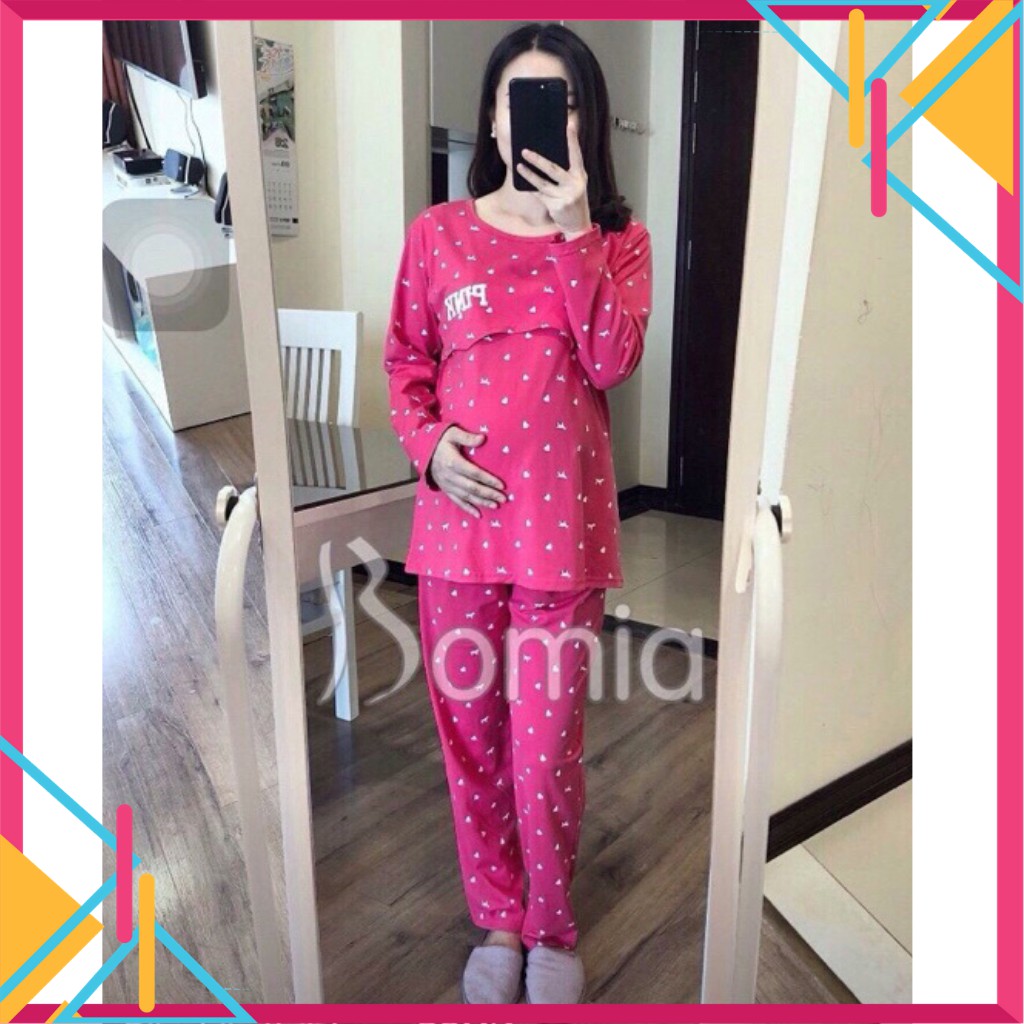 [BÁN CHẠY] Bộ Đồ Bầu Sau Sinh Cho Con Bú PINKY Dài Tay