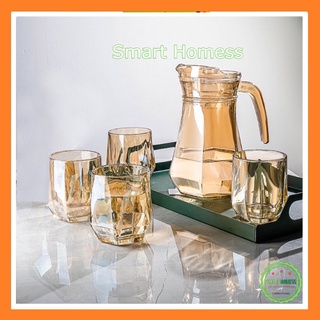 Cốc thủy tinh, bình thủy tinh đựng nước - bộ 4 cốc thủy tinh kèm bình lục giác vàng cao cấp sang trọng