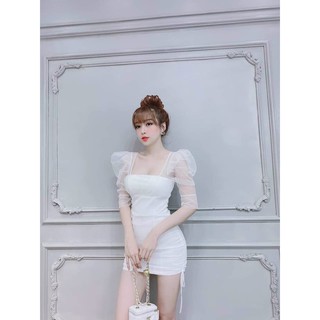 Đầm ôm body phối lưới dây rút 2 bên xin xắn