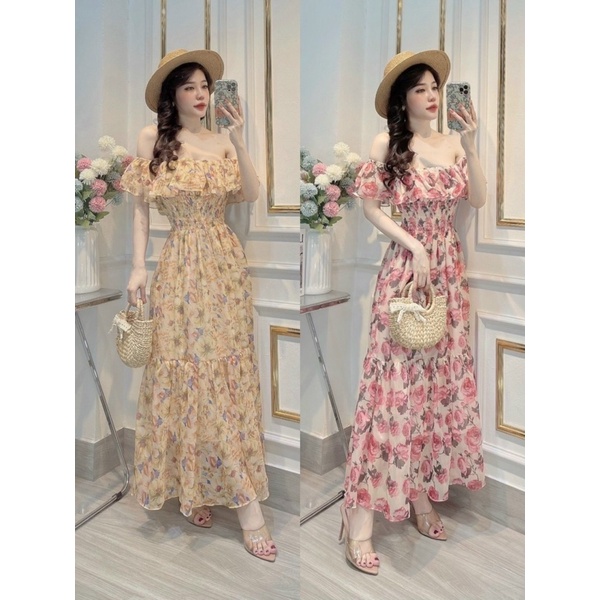 Đầm maxi voan hoa trễ vai nhún thun eo 3 màu