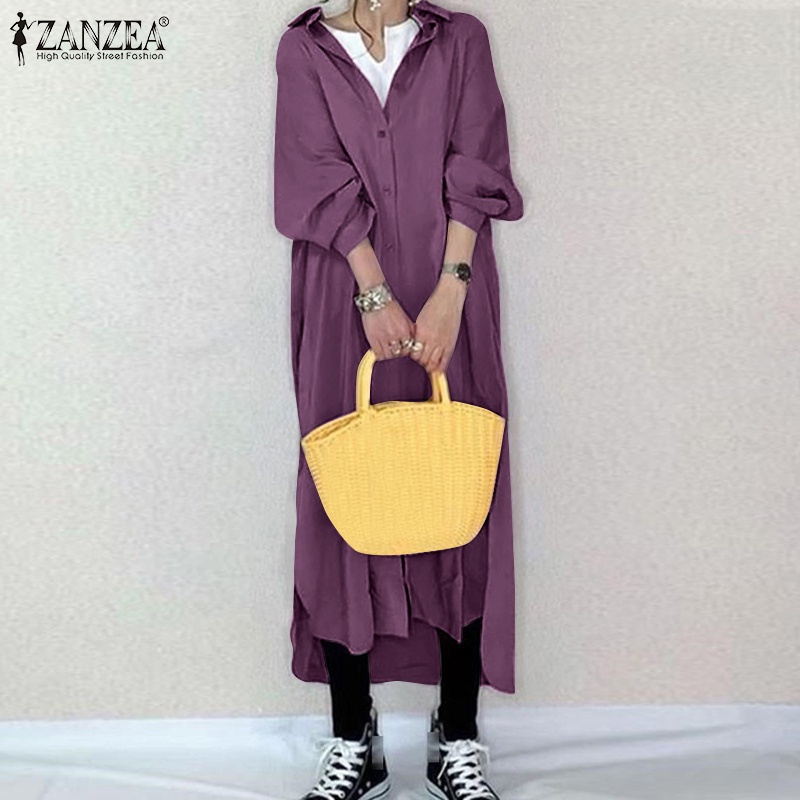 Đầm dài ZANZEA dáng rộng cổ bẻ tay dài thời trang cho nữ