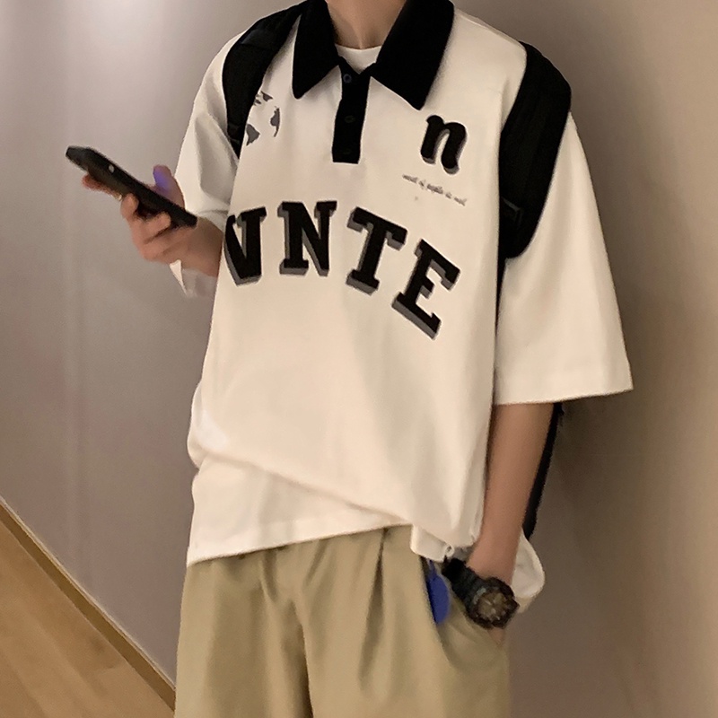 Áo polo Tay Ngắn Có Cổ In Chữ Phong Cách Hàn Quốc Thời Trang Mùa Hè Cho Nam