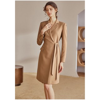 Đầm đấp chéo dáng chữ A cổ vest cột eo tay dài công sở