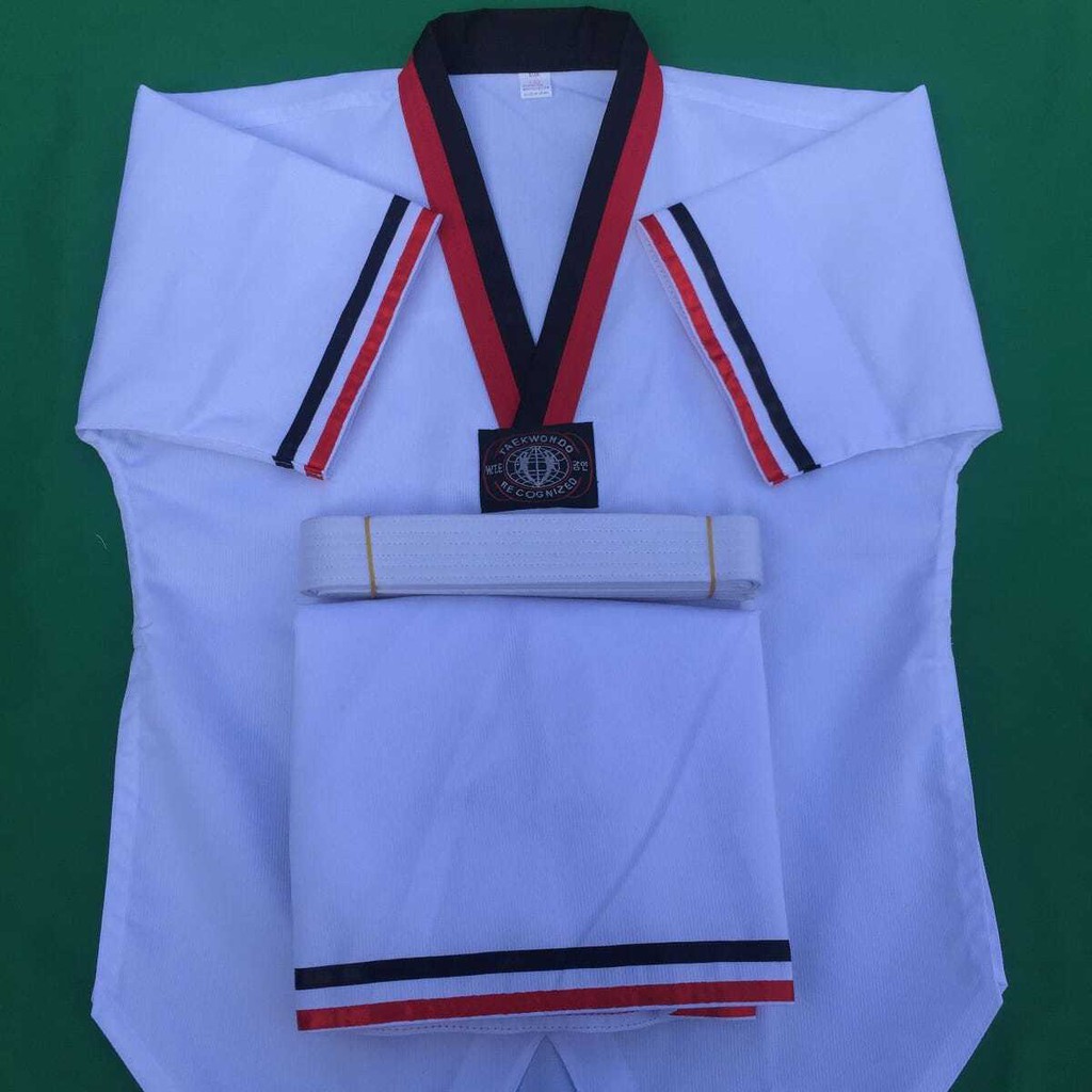 Đồng phục Taekwondo mùa hè cho trẻ em và người lớn huấn luyện ngắn tay, đường in, tay sọc cotton