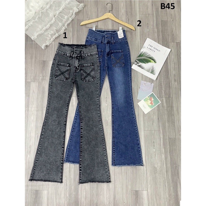 Quần Jeans Nữ Ống Loe Dài Lưng Lai Tua Rua Siêu Hot