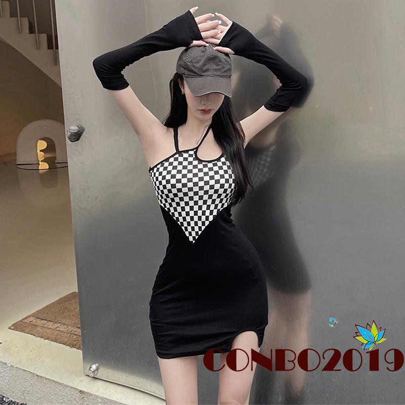 Đầm Mini Hai Dây Ôm Dáng Không Tay In Họa Tiết Caro Kiểu Cách Cho Nữ