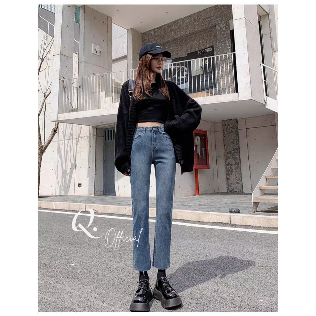 Quần Jean Nữ Ống Đứng Q.official 3 Màu, Cạp Cao, Co giãn tốt