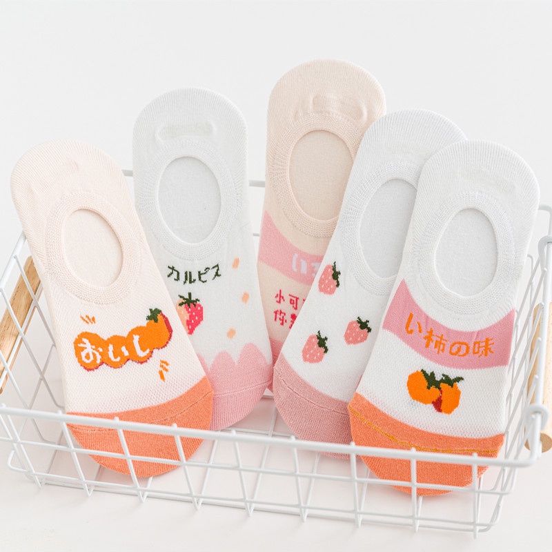 1 Đôi Tất Ngắn Bằng Cotton Chống Trượt In Hình Trái Cây Thời Trang Mùa Hè Cho Nữ
