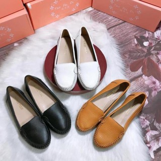 Giày Mọi Nữ ,  Giày Mọi Nữ Da Bò Thật Siêu Êm Mềm Đế Chống Trượt Không Kêu Khi Đi Trên Sàn Gỗ Ba Màu Đen Trắng Nâu