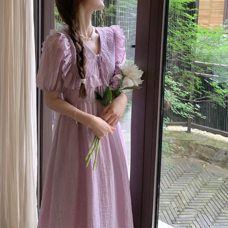 Đầm bánh bèo nữ dáng dài cổ nơ tay bồng HHY427, váy maxi babydoll nơ lưng tay bồng chun cổ bản to