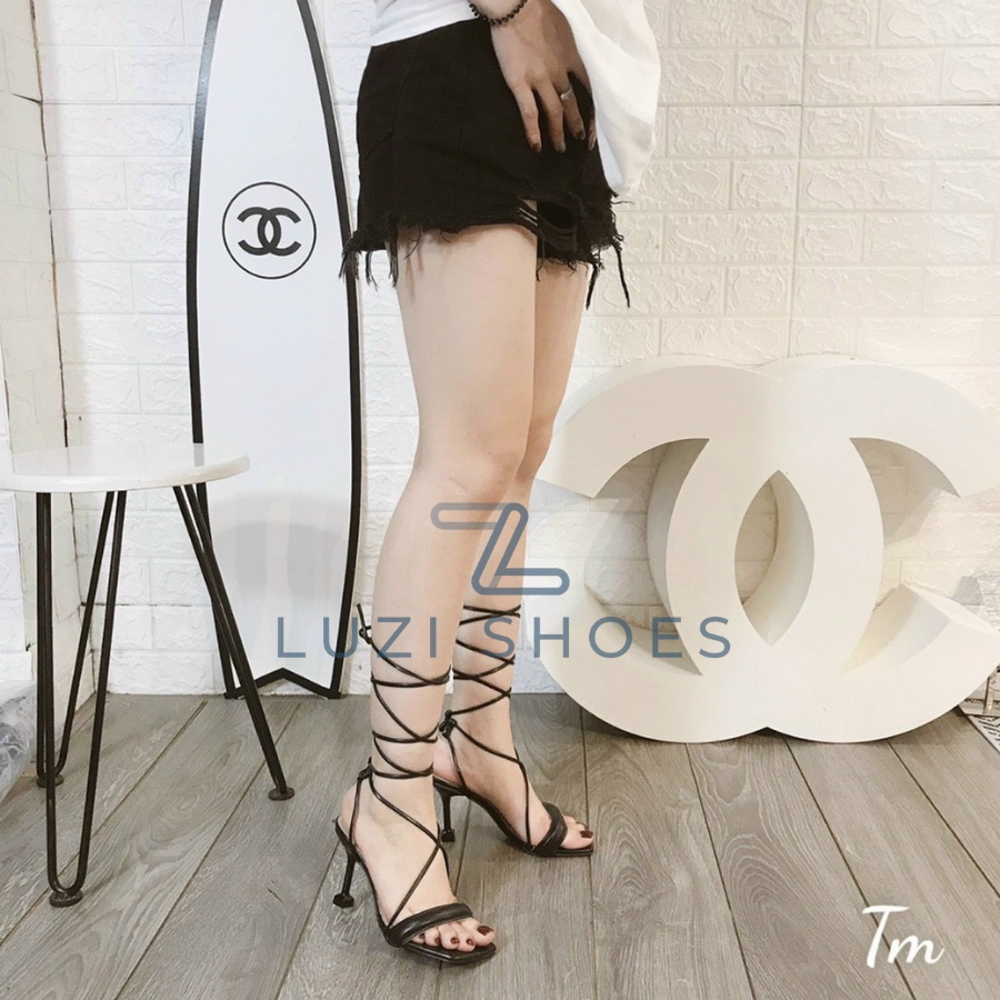 Sandal/giày cao gót đan dây nữ mũi vuông quai ngang bồng gót nhọn 7p, giày nữ chiến binh buộc dây cao gót quai hậu [M51]