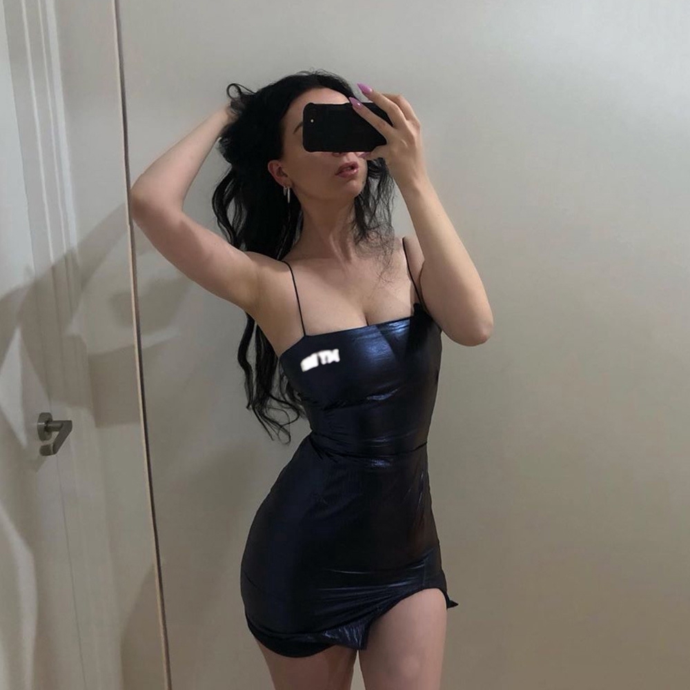 Sexy Strap Pu Leather Bodycon Dress Women Split Sleeveless Mini Dress