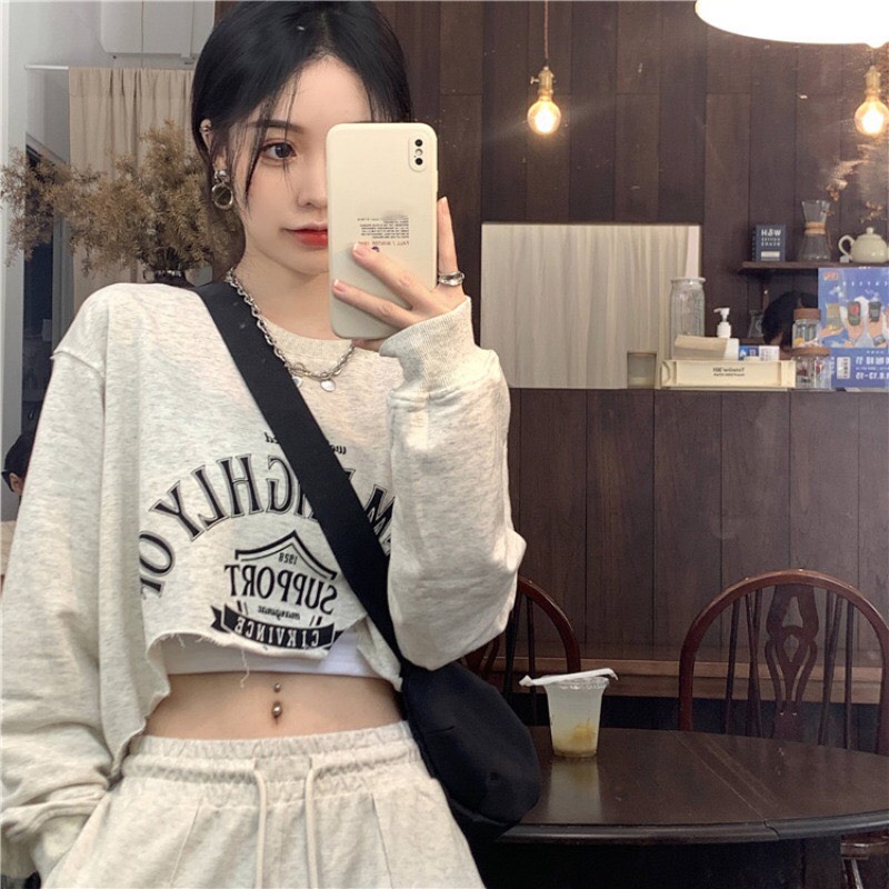 Áo croptop tay dài nỉ  - thu đông, dáng basic