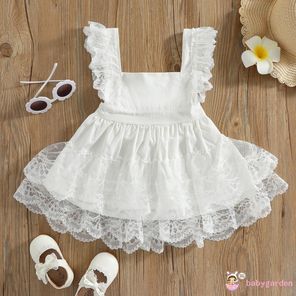 Đầm vải tuyn cổ vuông màu trơn phối ren thời trang cho bé gái 0-3 tuổi