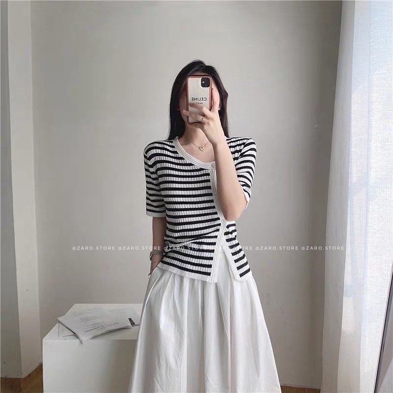 Áo cúc chéo + chân váy trắng ( Set rời)