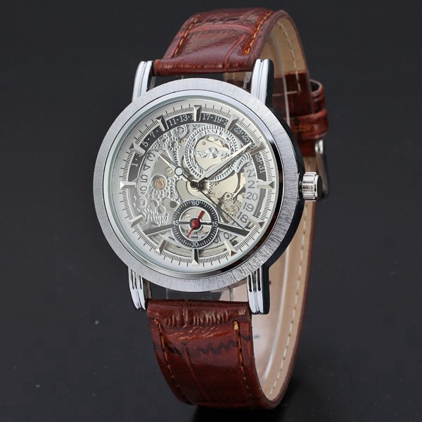 WINNER Top Brand Men Auto Mechanical Watch Date Sub-dial Skeleton Hollow Out Self-winding Genuine Leather Strap Watches