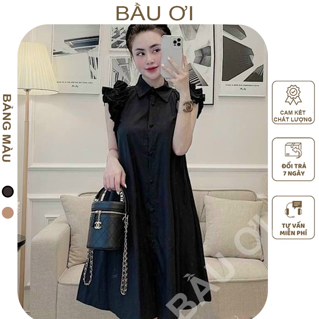 [BAUOI] VÁY BẦU SÁT NÁCH - CỔ SƠ MI TAY BÈO, DÁNG XUÔNG PHÔNG RỘNG ĐẸP - KHUY THẬT CHẤT MÁT MÀU NÂU, ĐEN