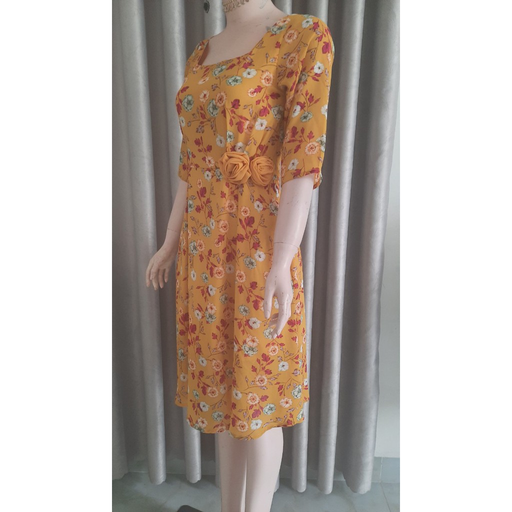 Đầm xòe hoa Vintage gắn hoa hồng - MS0574D