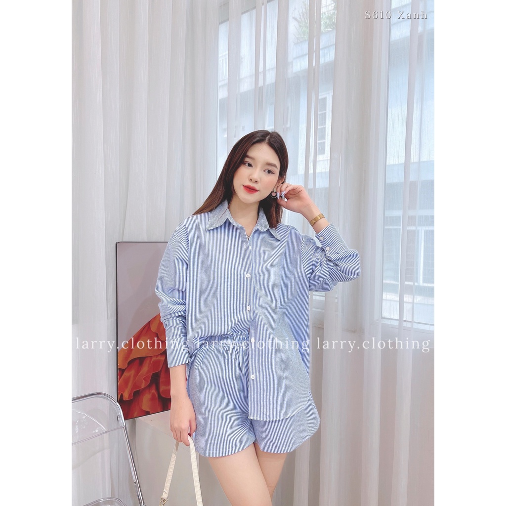 Set quần áo nữ áo sơ mi kẻ sọc hồng kèm quần short chun form rộng thời trang thiết kế Larry Clothing S610