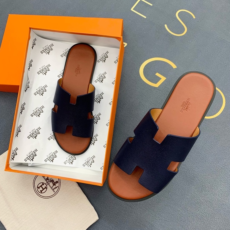 Dép lê quai ngang Hermes quai Xanh than đế gỗ Cam da bò LA on web fullbox