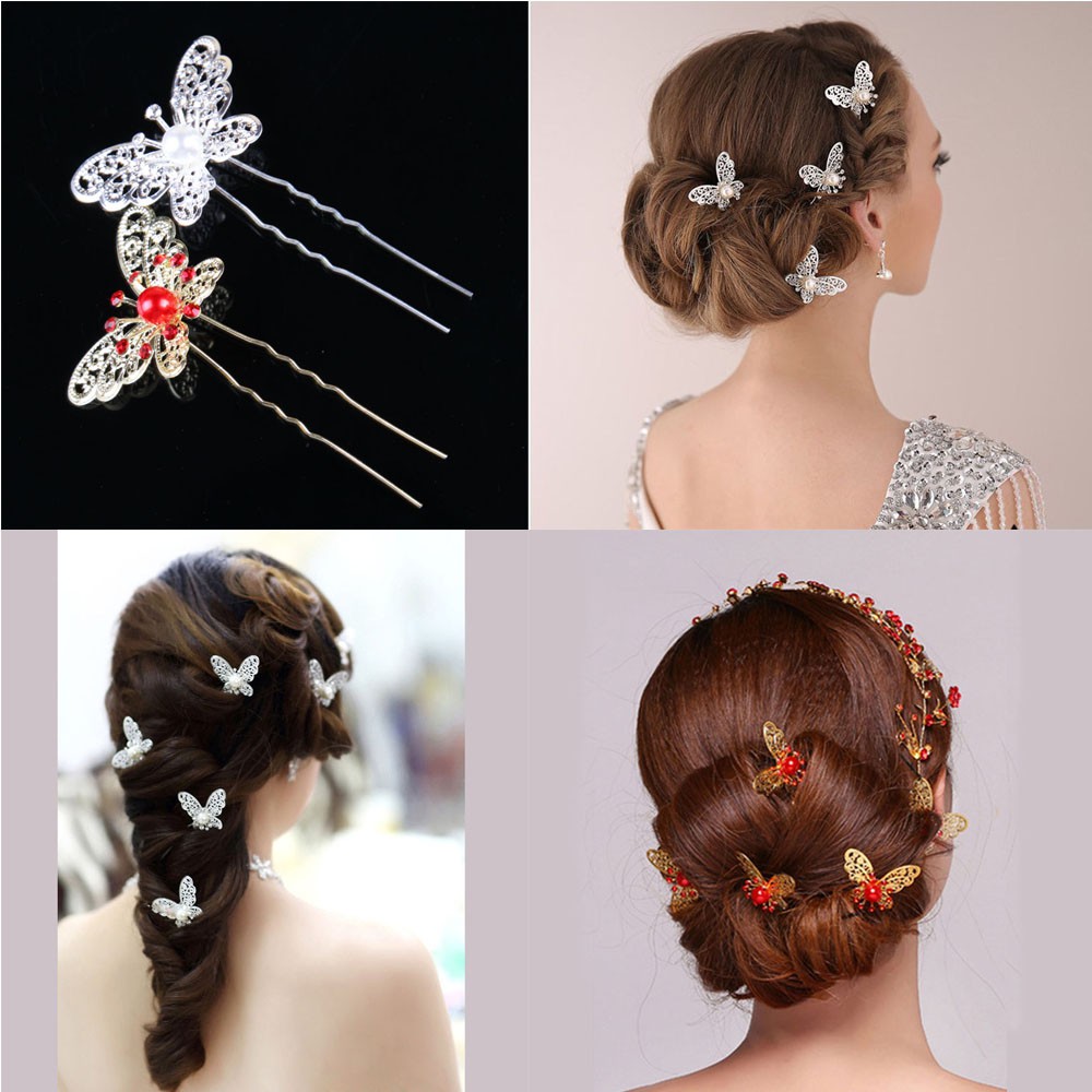 Set 3 Kẹp Chữ U Đính Hạt Ngọc Trai Và Bướm Trang Trí Tóc Cô Dâu