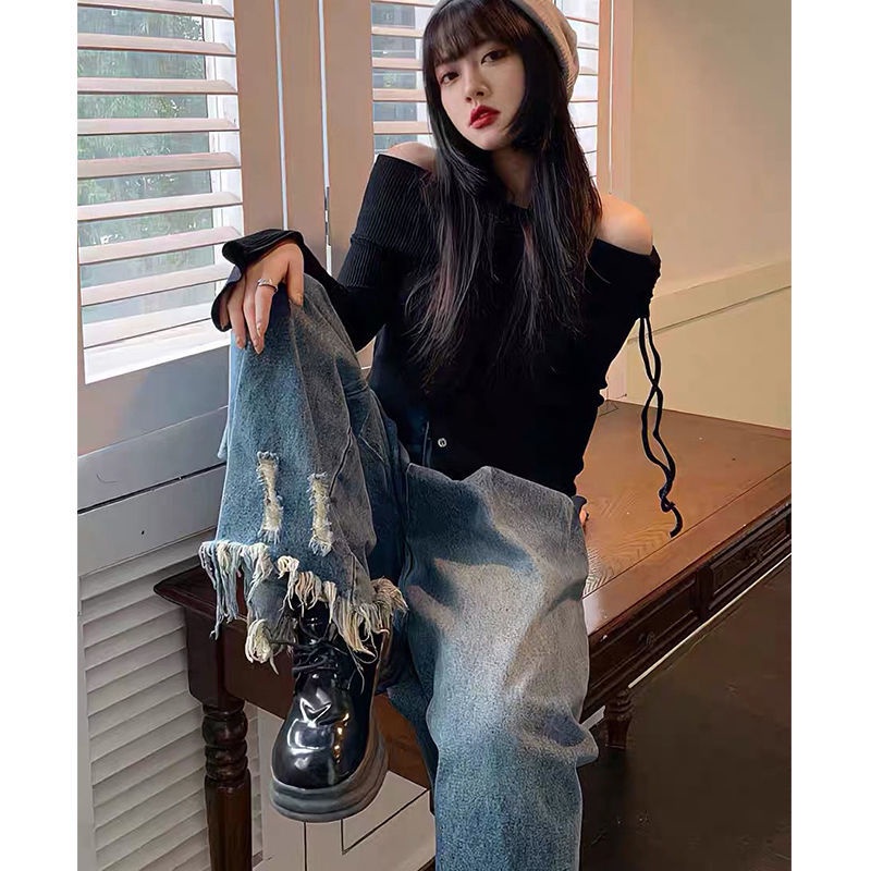 Jiashucheng Quần Jean Ống Rộng Rách Tua Rua Dáng Suông Phong Cách Hàn Quốc Hợp Thời Trang Cho Nữ