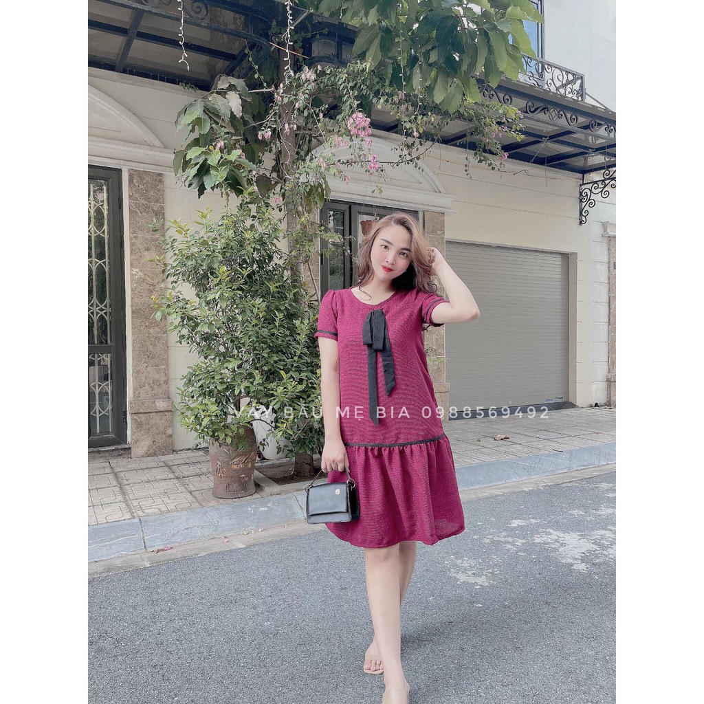 Đầm Bầu Công Sở - Váy Bầu GUME màu đỏ dáng Đuôi Cá Cổ Nơ đen chất vải dạ cao cấp 2 lớp size từ 40-100kg - MB 102 JOO