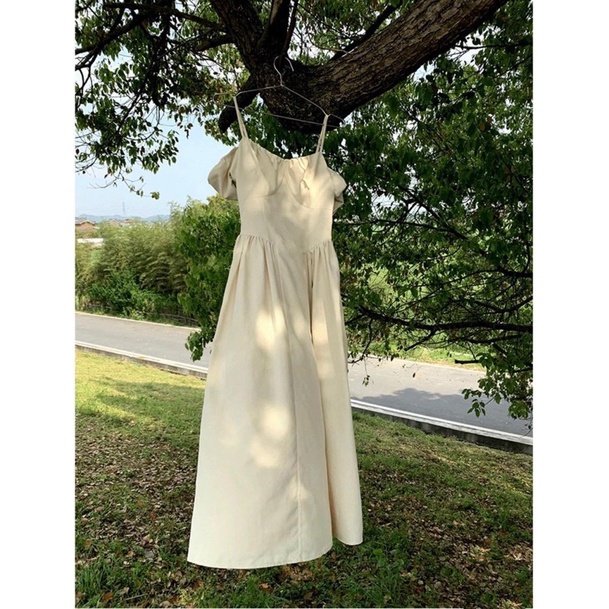 Đầm nude tay bồng rớt vai mặc được 2 kiểu tùng xoè xinh xắn [kèm hình thật]