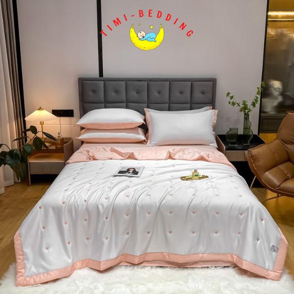 Bộ chăn ga gối hè lụa tencel 60s thêu tim nhập khẩu cao cấp, mát mẻ – Timibedding