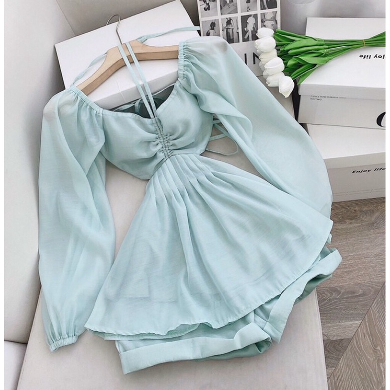 set áo peplum voan xanh rút ngực khoét eo đan dây lưng + quần short (ảnh thật)