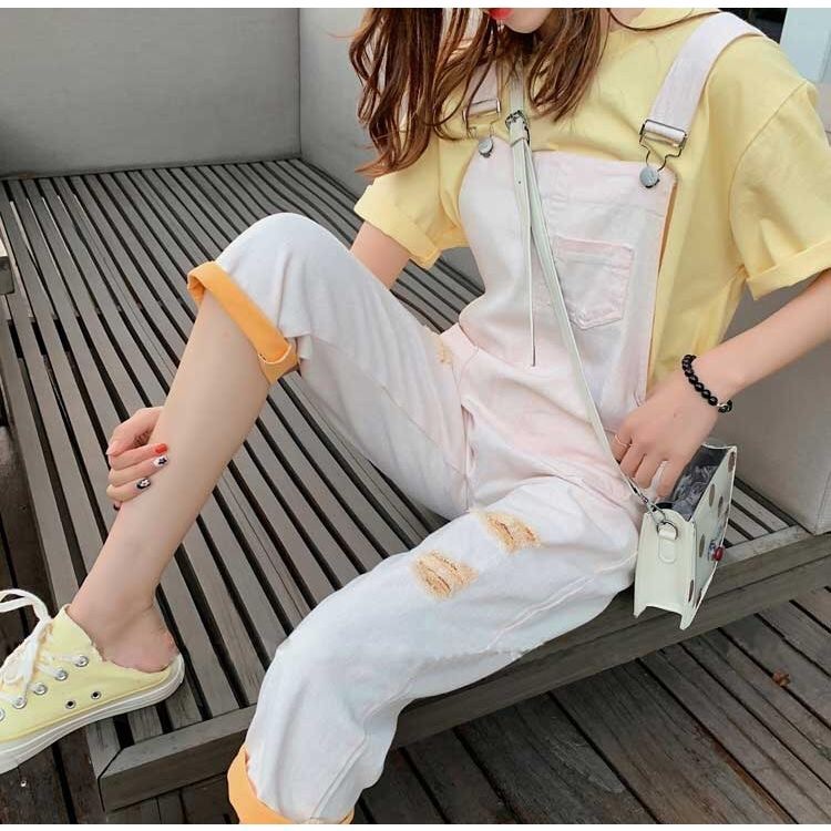 Set áo thun tay ngắn + quần yếm jean dáng rộng thời trang năng động cho nữ