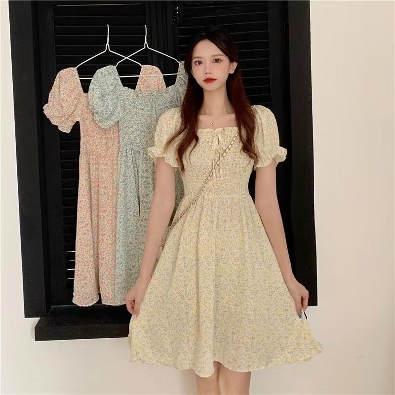 Váy hoa nhí cổ vuông, váy hoa nhí vintage dáng dài chun ngực JUNIDO