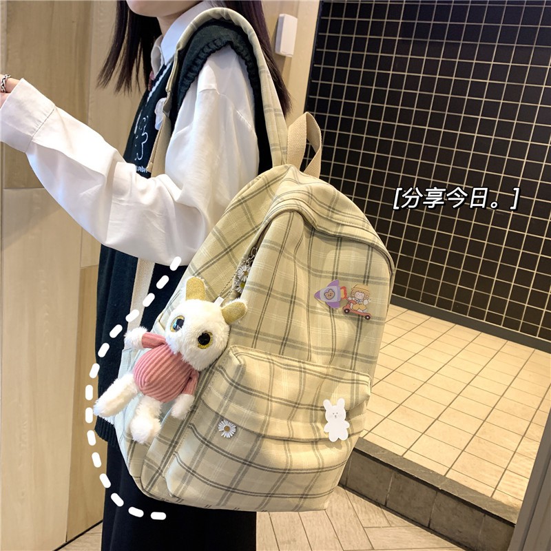 Ba Lô canvas Mềm Mại Kẻ Sọc Caro Phong Cách vintage Hàn Quốc Cho Nữ Sinh Trung Học