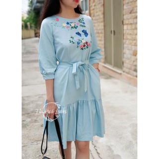 Váy linen xanh/ trắng thêu hoa lương sơn bá
