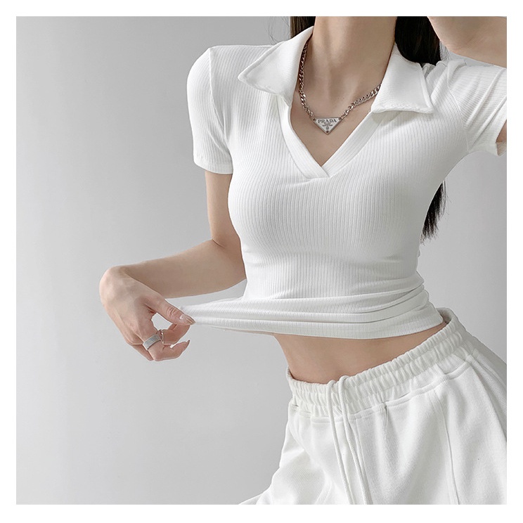 Áo thun MMIOT dệt kim tay ngắn cổ chữ V màu trơn dáng ôm thời trang mùa hè 2023 cho nữ