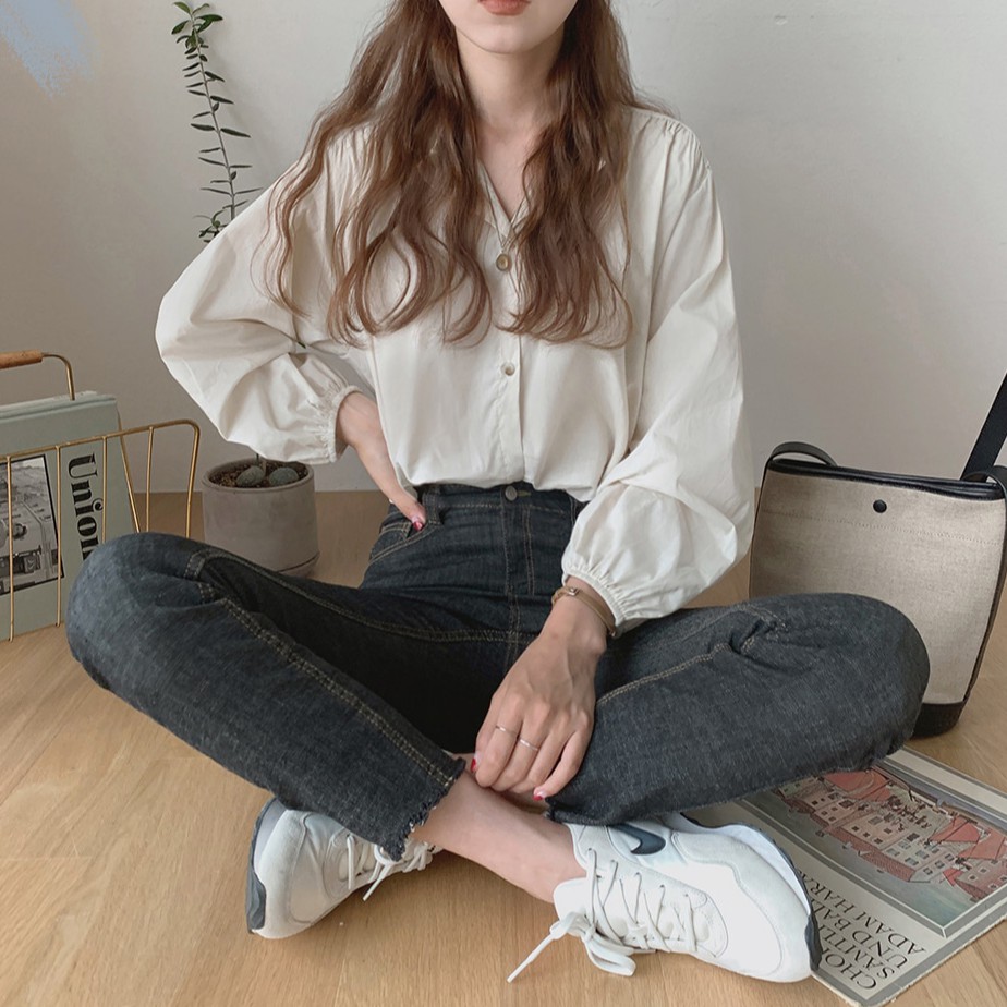 Áo sơ mi Peppermint 36636 tay dài cổ vuông màu trơn đơn giản thời trang cho nữ