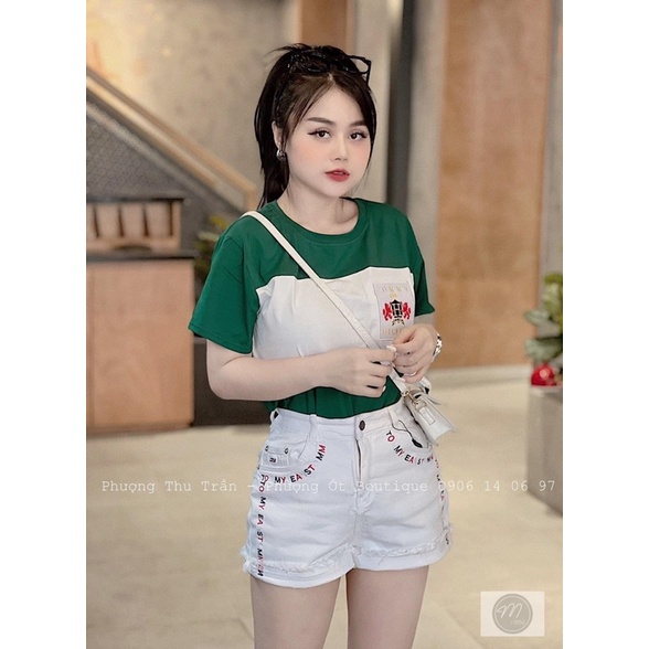 ANU914 - ÁO PHÔNG NỮ CỘC TAY XANH TRẮNG TOMMY HILFIGER