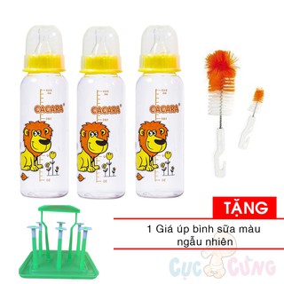 3 Bình sữa nhựa Cacara nhựa cổ thường 250ml - màu ngẫu nhiên + cọ rửa bình sữa Tặng 1 giá úp bình sữa