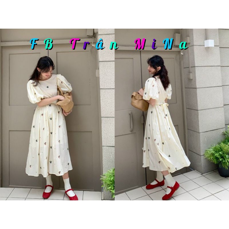Đầm midi trắng thêu hoa cổ tròn thắt dây nơ ở eo chất xô mềm mịn tôn dáng