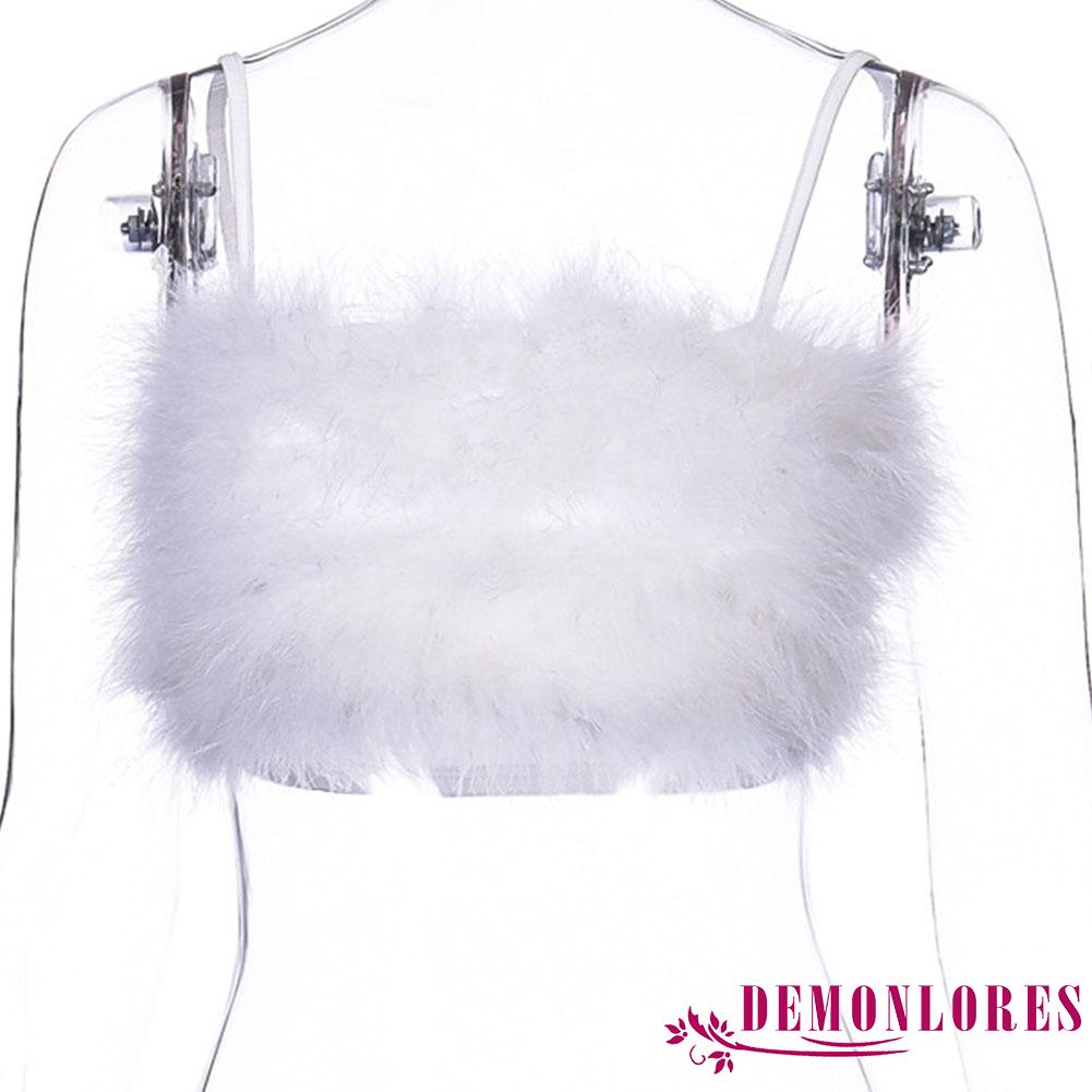 Áo Croptop Sát Nách Phối Lông Màu Trơn Thời Trang Xuân Hè Quyến Rũ Cho Nữ