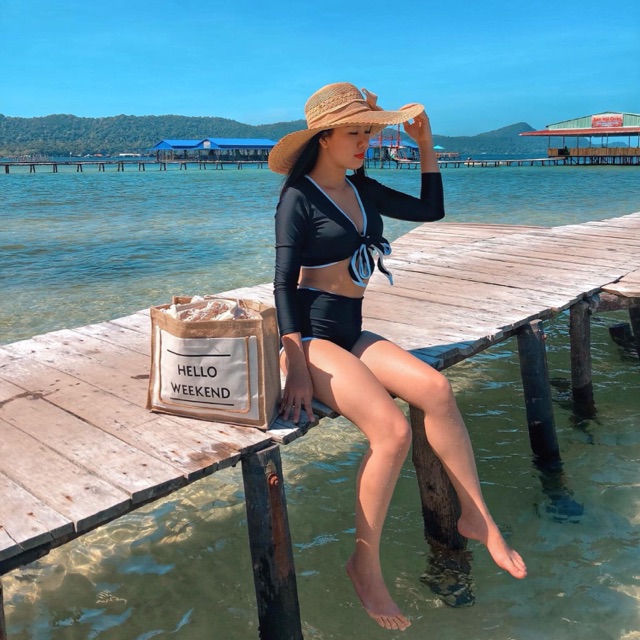 [ĐỒ BƠI LOẠI ĐẸP] Bikini tay dài đen viền trắng cột dây ngực sành điệu