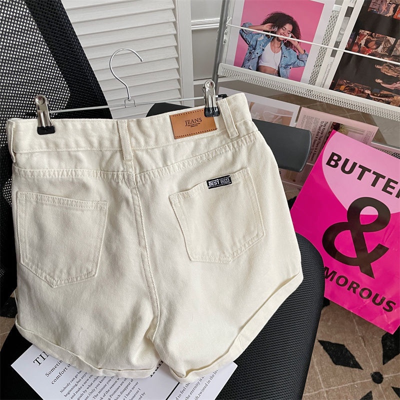 Quần đùi denim RENJIANVSHENG 188755 dáng chữ A lưng cao phong cách Hàn Quốc thời trang dành cho nữ